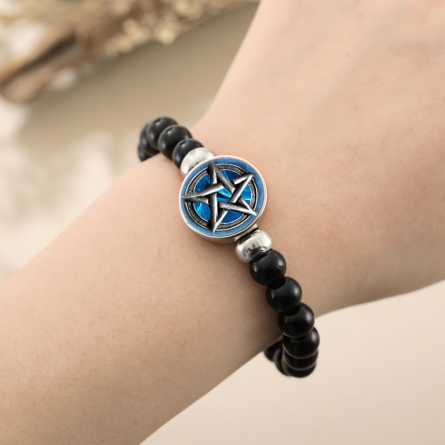 Men's Classic Black Plastic Bead & Chain Bracelet